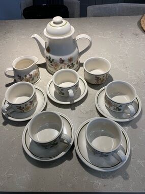 Porcelain Floral Coffee Tea Set in Cream with Green Trim